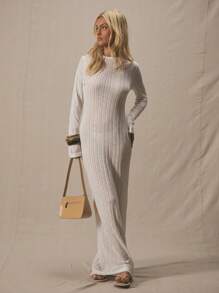 MUSERA 圆领条纹纹理修身长袖连衣裙，适合夏季、度假、冬季夜晚穿着，可爱又时尚