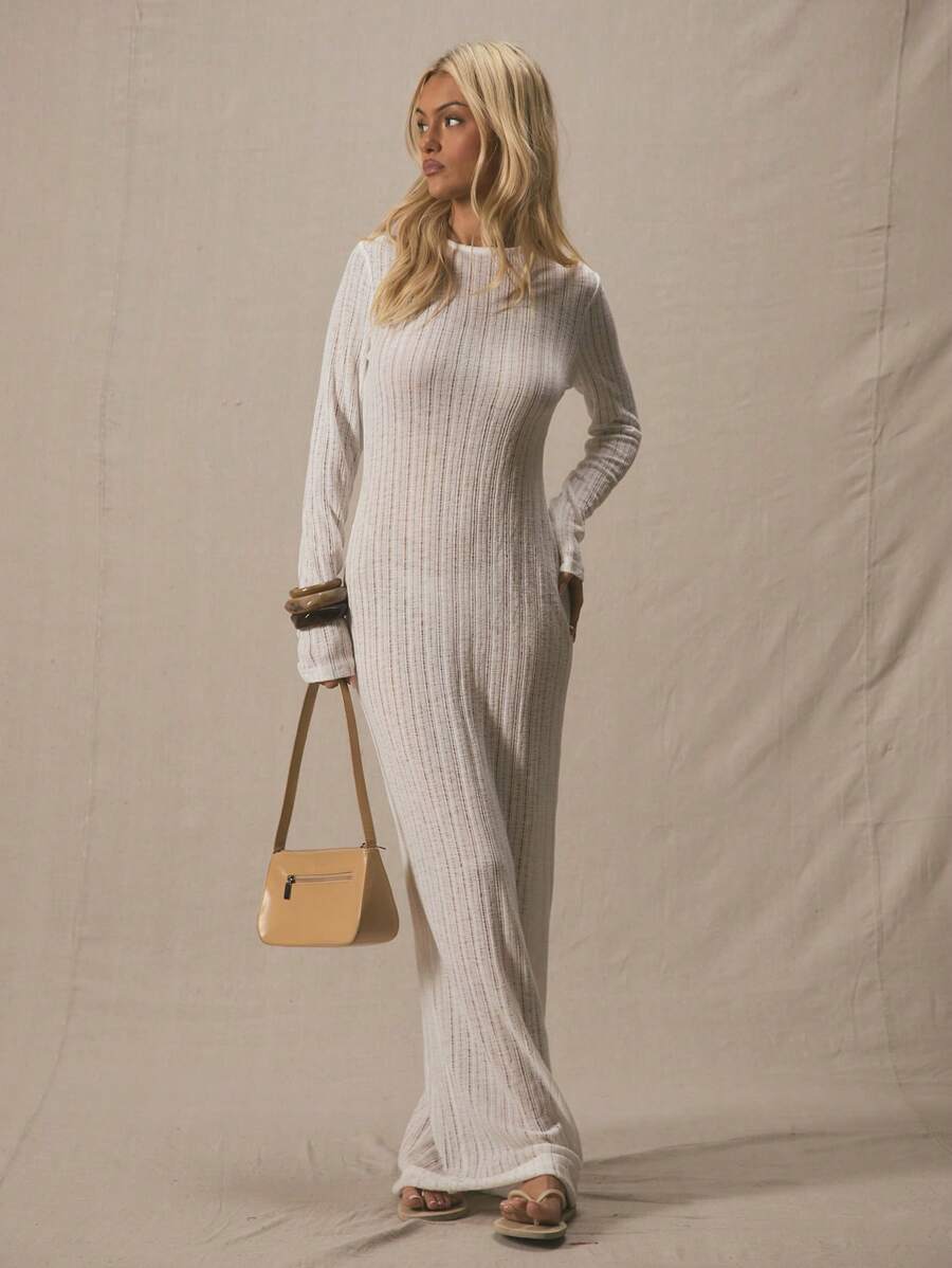 MUSERA 圆领条纹纹理修身长袖连衣裙，适合夏季、度假、冬季夜晚穿着，可爱又时尚