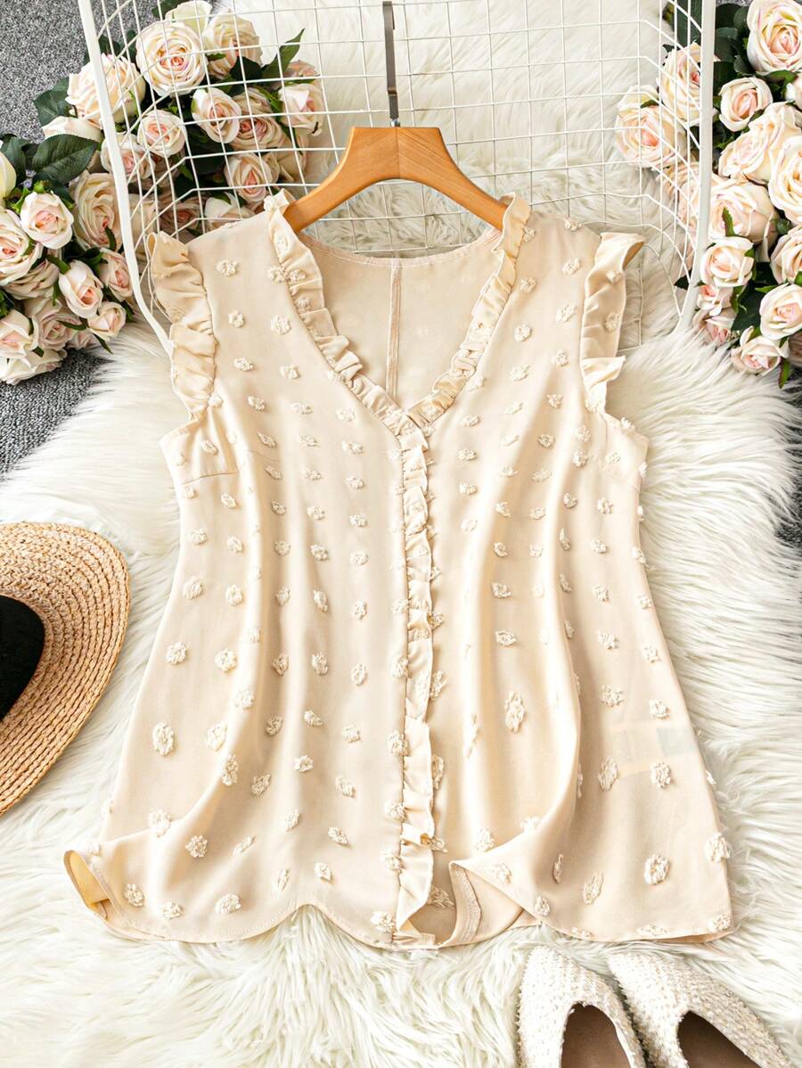 SHEIN Clasi 大码女式纯色 V 领荷叶边盖袖衬衫 - 杏色 - 查看 1