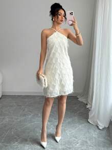 Elenzga Vestido corto slip con plumas en color beige para mujeres - Beis - Ver 6