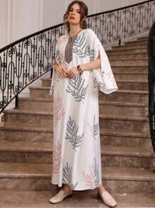 Al Najma 优雅植物印花开衩袖夏季连衣裙，朴素的长袍 - 紅色 - 查看 1