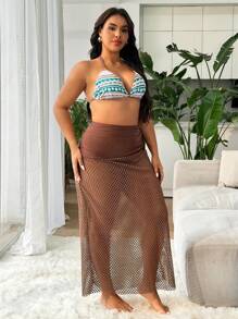 SHEIN Swim Curve 3 件套加大码女士泳衣套装，带网眼裙，夏季休闲沙滩装 - 彩色 - 查看 6