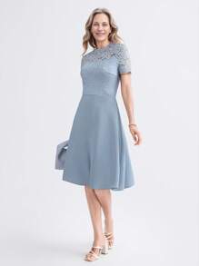 Miaspire Robe mi-longue élégante en dentelle avec empiècement, manches courtes, taille cintrée, bleu clair, convient pour les mariages et les événements sociaux