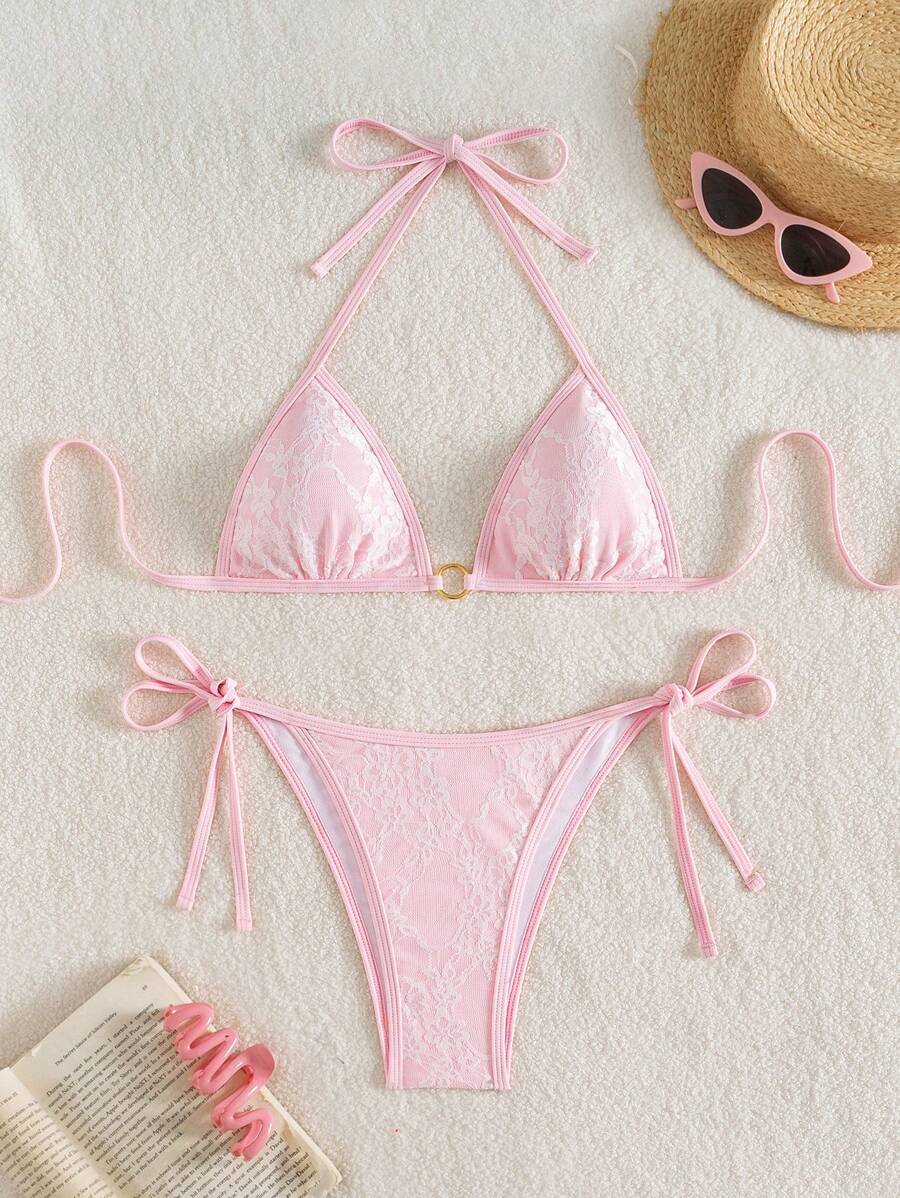 SHEIN Swim 2 件纯色蕾丝拼接吊带三角杯文胸和泳裤比基尼套装 - 粉色 - 查看 1
