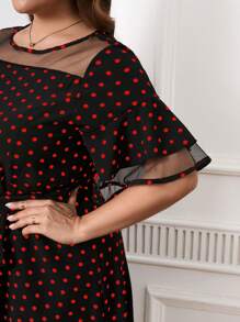 SHEIN Clasi Plus Size Women Polka Dot Print Contrast Mesh Ruffle Sleeve Elegant A-Line Dress - Black - View 7