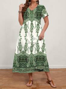 EMERY ROSE 大码女式休闲 V 领短袖连衣裙，适合夏季 - 彩色 - 查看 4