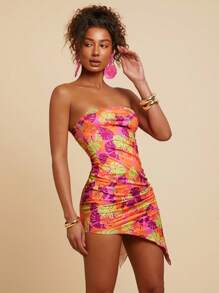 Travachic Women's Tropical Plant Print Pleated Tube Dress For Vacation, Women Floral Dress, Women Dresses Women Short Dresses,Vacation