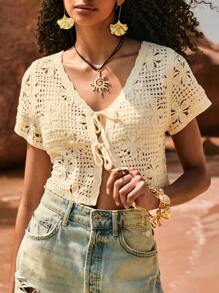 Poéselle Hollow-Out Crochet Lace-Up Front Short Sleeve Knit Top - Apricot - View 3