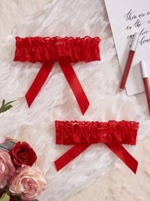 1 Pair Sexy Red Lace Leg Garter With Bow Decor Bowknot