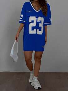 SHEIN EZwear 夏季休闲球赛数字字母图形海军蓝宽松V领短袖T恤连衣裙 - 寶藍色 - 查看 6