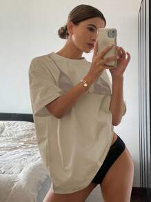 DAZY 女士休闲落肩短袖圆领T恤，夏季图案T恤超大T恤 - 杏色 - 查看 3