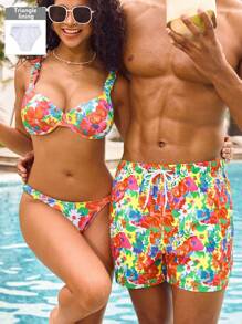 Manfinity VDAYZ Men's Front Tie All Over Print Beach Shorts, Casual Resort Wear Couple Boyfriend Men Swim Trunks - Multicolor - View 1