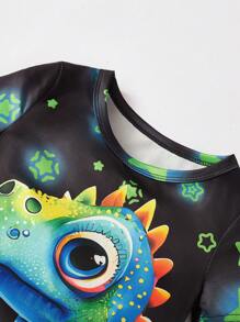 SHEIN GraphicGems 2 Piece Sets Snug Fit Night Wear Kids Young Boy Cartoon Print Glow In The Dark Short Sleeve & Shorts Snug Fit 2-Piece Pajama Set .This Product Requires UV Light Exposure To Glow. - Black - View 4