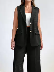 SHEIN Essnce 女士夏秋装 秋季女装 商务女装 时尚休闲通勤度假工作办公服装 商务休闲骄傲服装 大码纯色单排扣无袖西装外套女士夹克 秋季夹克女士西装外套 - 黑色 - 查看 1