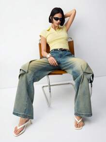 LYSMO 女式直筒宽松休闲牛仔裤，带口袋和缝线设计