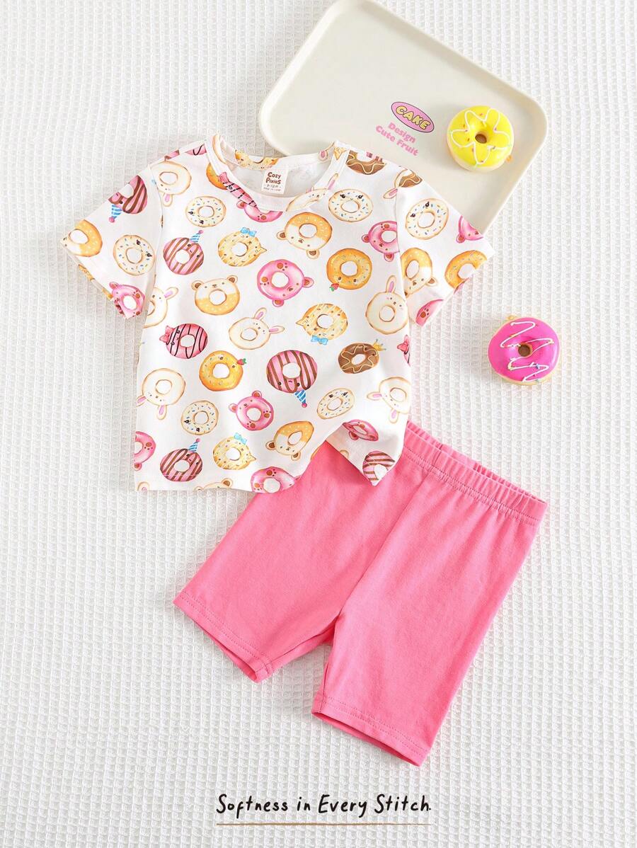 Cozy Pixies Toddler Girls 2pcs Set Sweet Doughnut Print Knitted Soft Round Neck Short Sleeve Drop Shoulder Pullover Top And Solid Color Elastic Waist Shorts