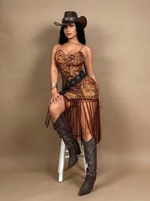 SHEIN SXY Vacation Music Festival Retro Printed Fringed Hem Backless Cami Mid-Length Dress, Women Summer Dresses,Western Wear Women,Boho,Concert Outfit Women,Rave, Festival,Grunge,Cottagecore,Rodeo Outfit,Nashville Outfits - Multicolor - View 3