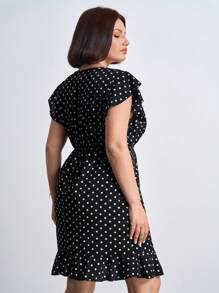 Chikora Váy xếp nếp in chấm bi Plus không có thắt lưng, cho mùa hè, trang phục công sở dành cho phụ nữ - màu đen - Xem 2