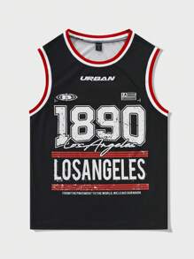 ROMWE MEN Prep Men's Basketball Y2K Street Graphic Print Tank Top, Suitable For Daily Wear, Spring/Summer - Black - View 1