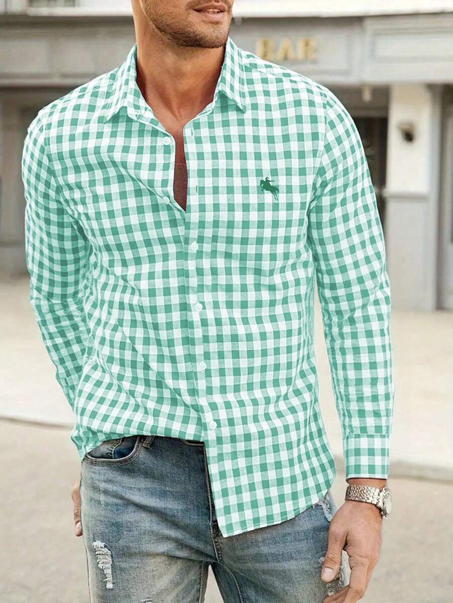 Manfinity Homme Casual Vacation Plaid Small Icon Front Single-Breasted Comfortable Long Sleeve Fashion Casual Shirt For Men, Fall - Mint Green - View 1