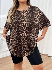 SHEIN CURVE+ 大码女式夏季豹纹圆领短袖休闲 T 恤