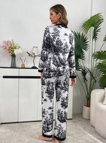 LuxeNights Women Elegant Vintage Ink Style Pocket Long Sleeve Top & Pants Pajama Set, Autumn/Winter, Fall Clothes