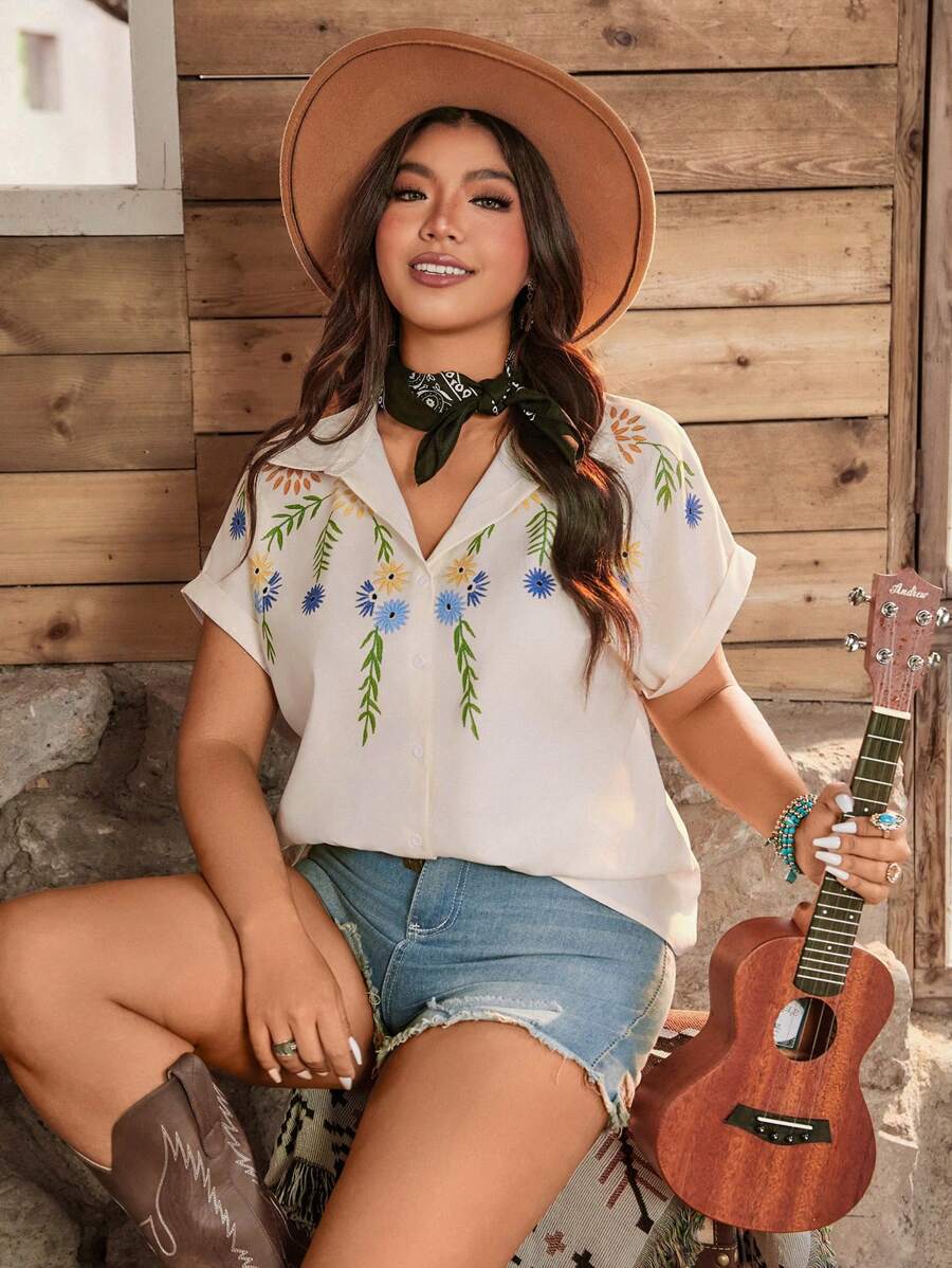 LanaWest Plus Size Women Woven Floral Embroidery Print Short Sleeve Casual Shirt, Summer For Women, St. Patrick, Rave, Festival, Spring Break, Boho - Apricot - View 1