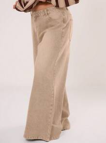 MUSERA 宽松低腰中度水洗牛仔裤，Y2K/2000年代风格 - 杏色 - 查看 3