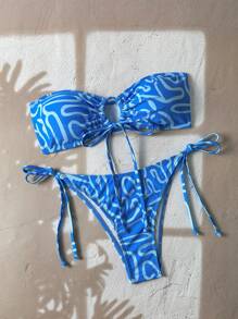 Swim Vcay Women Summer Random Print Drawstring Halter Tie Sexy Bikini Set - Blue - View 1