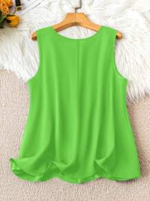 SHEIN LUNE Plus Size Simple Solid Color Lace Patchwork Hollow Round Neck Sleeveless Tank Top - Green - View 2