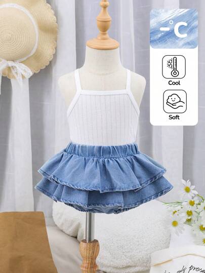 SHEIN 嬰兒女寶寶荷葉邊三角牛仔短褲，春夏季使用，採用柔軟舒適的水洗輕質材料