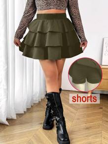 SHEIN EZwear Plus Size Women Military Green Ruffle Hem Short Skirt - Army Green - View 1