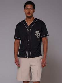 Musero Button Up Contrast Stitch Number Baseball Jersey - Black - View 1