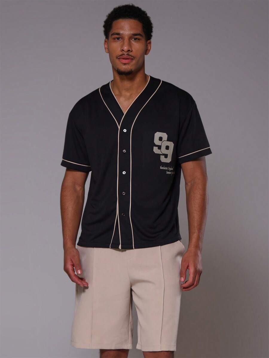 Musero Button Up Contrast Stitch Number Baseball Jersey - Black - View 1