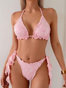 Swim Mod Conjunto de Maiô Bikini de Duas Peças com Estampa Floral, Alças Finas e Decote Nas Costas Com Laço Lateral, Look de Praia de Verão para Mulheres - Rosa chiclete - Visão 2