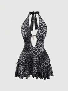 ROMWE Kawaii Vestido corto con estampado de leopardo, decoración de tirantes cruzados, estilo sexy Gyaru de Shibuya Y2K para mujer