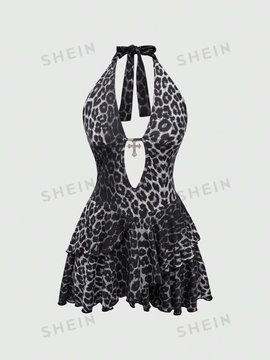 ROMWE Kawaii Vestido corto con estampado de leopardo, decoración de tirantes cruzados, estilo sexy Gyaru de Shibuya Y2K para mujer