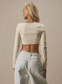 MUSERA 开襟圆领弧形侧边纽扣修身长袖上衣，春季可爱度假风，优雅夏季假日装扮 - 杏色 - 查看 3