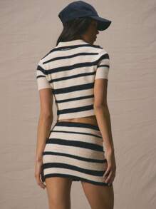 MUSERA Collared Striped Open V Neck Short Sleeved Fitted Cute Vacation 90's Top Only For   Evening Party Elegant Christmas New Years  Fall Autumn Winter