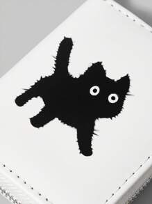 ROMWE Goth White & Black Cat With Bowknot Pendant Short Wallet, Cute Multifunctional Card Slots Purse