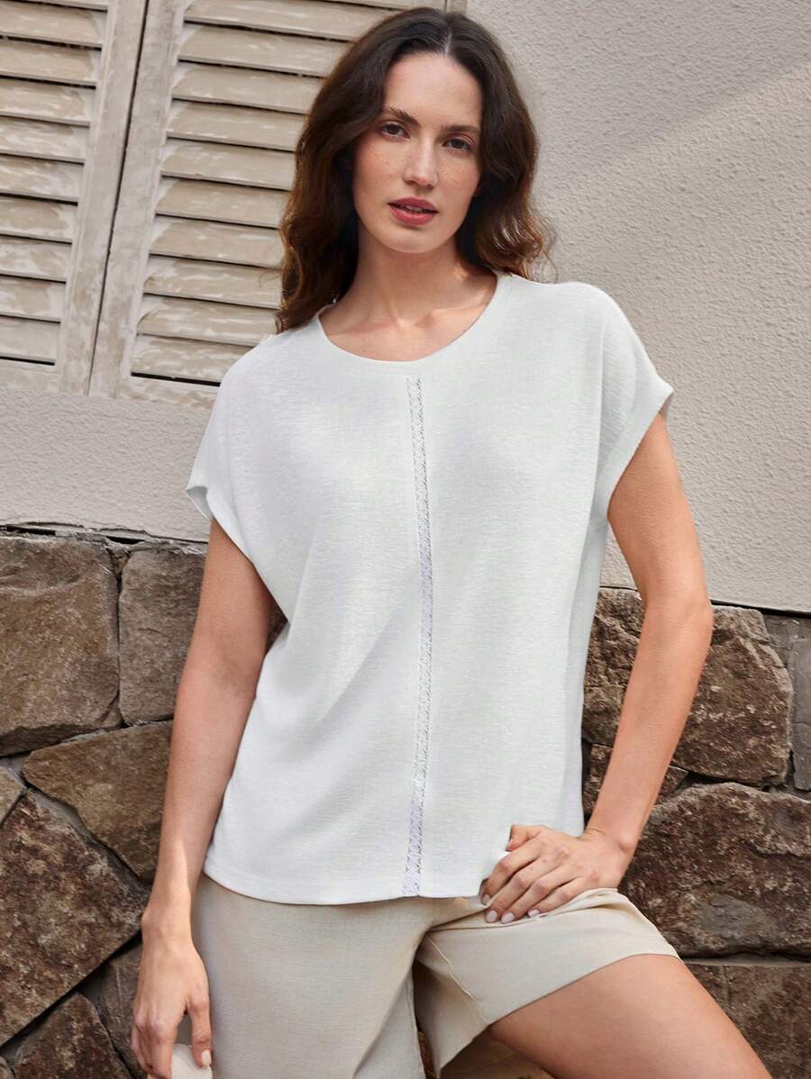 EMERY ROSE 女士纯色蝙蝠袖休闲 T 恤度假装 - 白色 - 查看 1