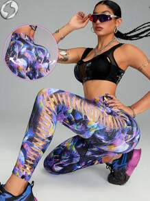 Innovista Women Activewear Seamless Abstract Plant Texture Sports Leggings, Breathable Mesh & High Elastic Dry Fit Gym Bottom. High Waist Tummy Control & Compress Workout Outfits, Dynamic Marbling Digital Print Shapewear, Boxing, Outdoor, Hike, Camping, Trail, Yoga, Mat, Volleyball, Climbing, Music Festival, Party, Electric, Base Layer, Blue, Purple, Black, Y2K, Spring Summer Gear, Waist Trainer, Starter Sportswear - Mixed color - View 2