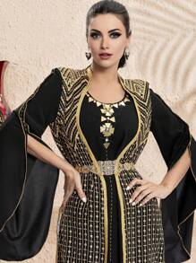 Al Najma Handmade Thick Thread Embroidery Long Sleeve Robe, For Ramadan, Modest Kaftan - Multicolor - View 3