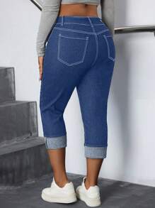 SHEIN SXY 大码女式休闲弹力牛仔裤，时尚百搭长裤，女式夏季服装，节日服装，女式七分裤，Gyaru 休闲 - 中等水洗藍 - 查看 2