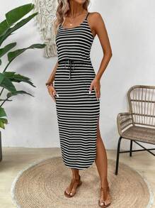 Breezaya Women's Summer Casual Spaghetti Strap Dress With Tie Waist, Side Split Hem Maxi Women Outfit