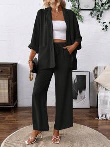 Franclia Women's Solid Color Mottled Lapel Long Sleeve Blazer And Pants Casual Suit Set