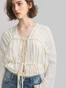 Ontre 2025 Spring & Summer Women's Solid Color Front Tie Ruched Long Sleeve Fashionable Blouse, Suitable For Everyday Wear - White - View 1