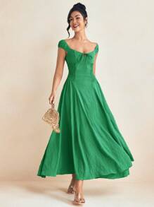 Amiko 女士长裙 绿色荷叶边胸围吊带褶皱优雅连衣裙 中长款太阳裙 女士春夏装 度假装 婚礼宾客装 女士早午餐装 毕业礼服 新娘送礼会礼服、狂欢派对礼服、舞会礼服 - 綠色 - 查看 3