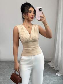 Elenzga Beige Pearl Elegant & Romantic Women's Tank Top - Apricot - View 3