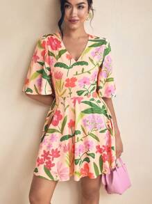 Miriam Omar Pink Floral Print V-Neck Butterfly Sleeve Tie Back Mini Dress Spring And Summer Dress For Women Vacation Sundress, Rave, Pastel, Prom Dress - Pink - View 4